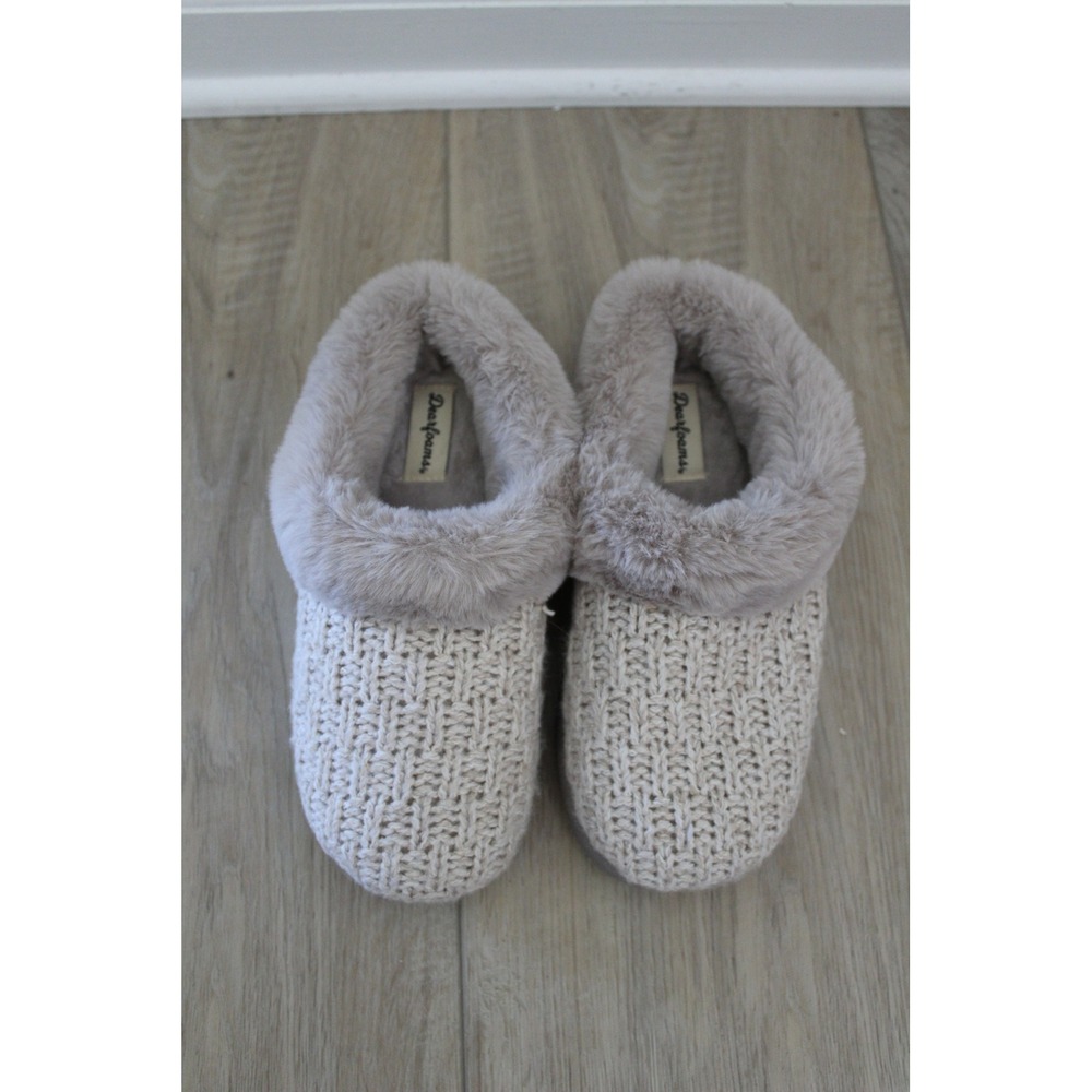 Dearfoams Womens Knit Clog Slippers Faux Fur Trim Cream Taupe Small 5/6